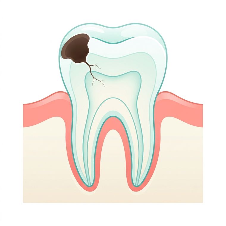 Cross section of a molar with brown decay in the biting surface