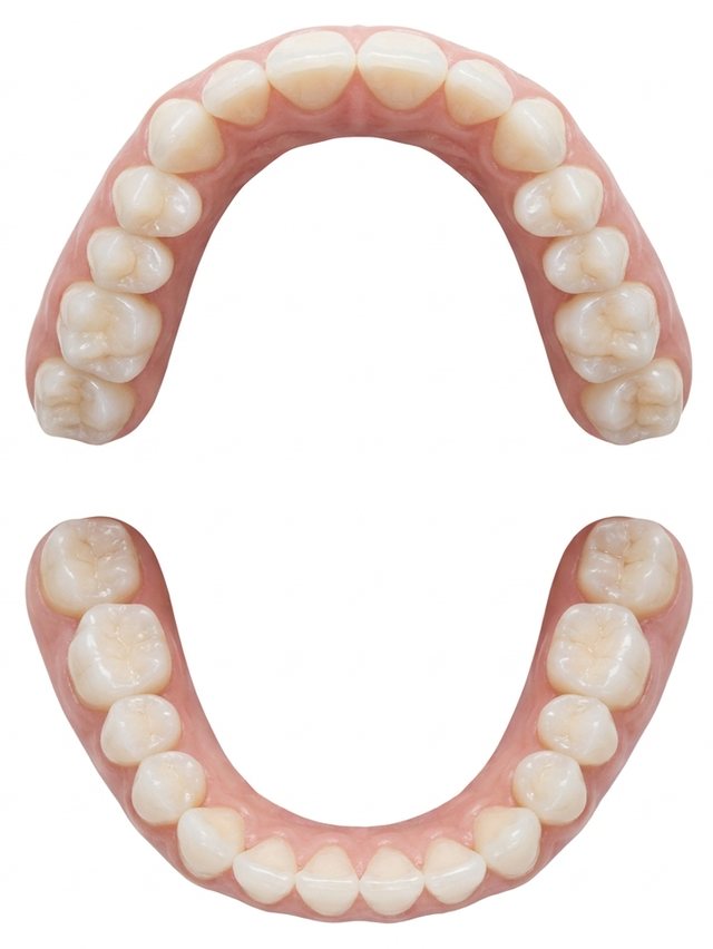 Chart of a complete adult mouth, the upper arch above and the lower arch below, showing all 32 teeth