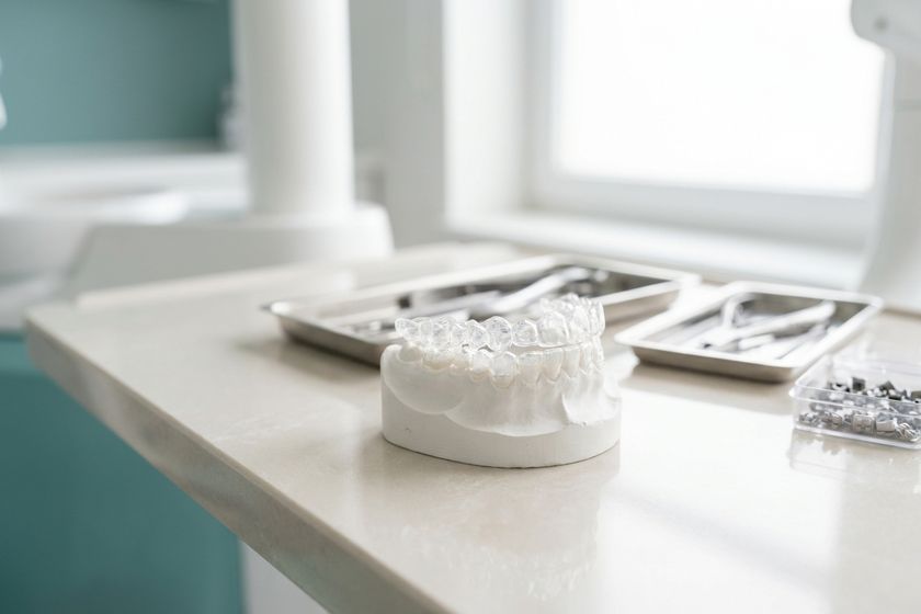 Clear orthodontic aligner trays on a plaster dental model beside brackets and pliers