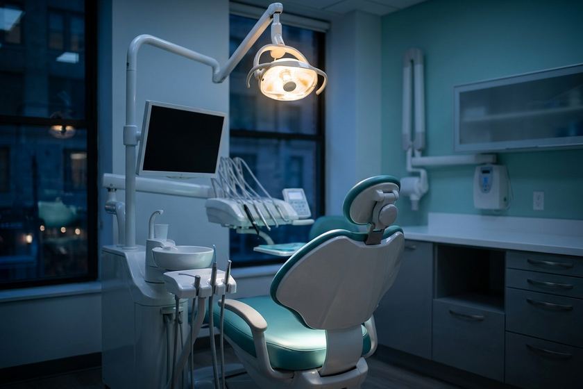 Dental operatory light switched on over an empty chair in a quiet clinic