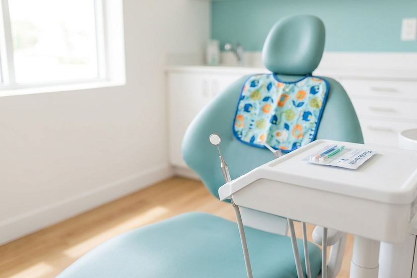 Child friendly dental chair with a colourful bib and a small mouth mirror