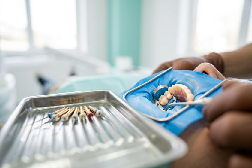 Lower molar isolated under a rubber dam with endodontic files on a tray