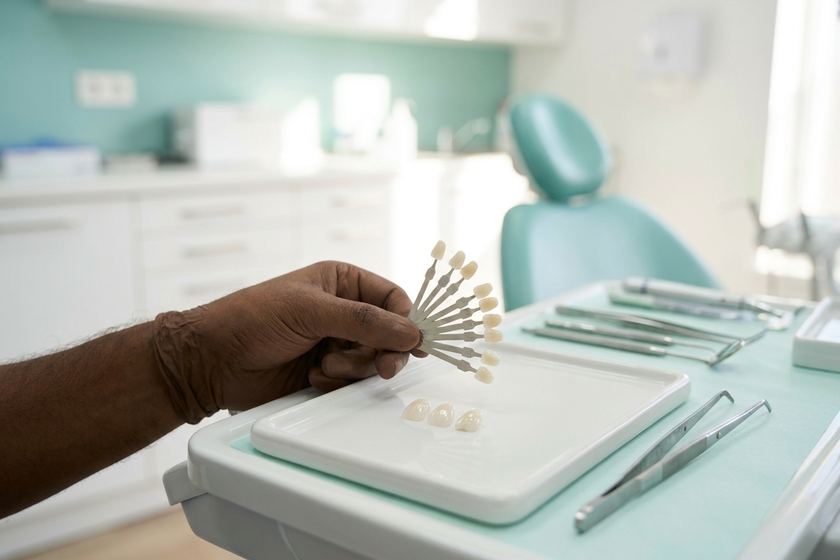 Porcelain veneer shade guide and ceramic veneer shells on a clinical tray