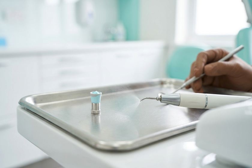Ultrasonic dental scaler tip and polishing cup on a sterile tray