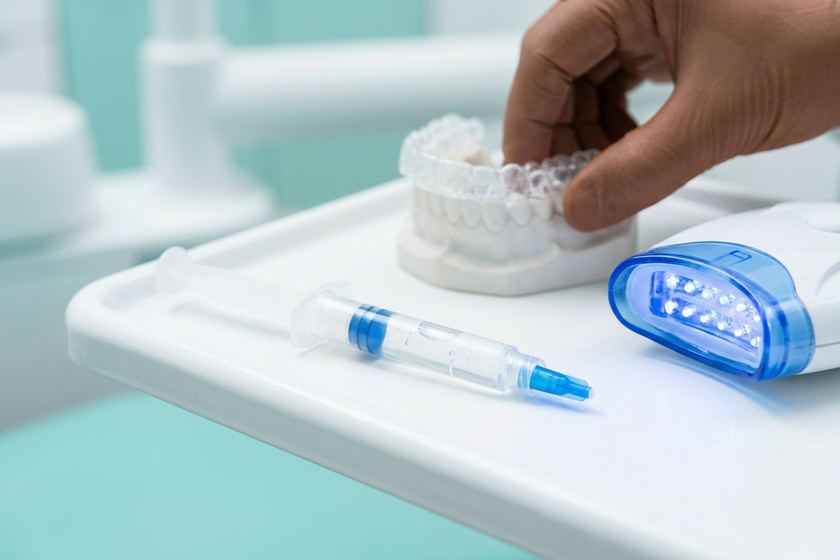 Professional teeth whitening gel syringe and LED whitening lamp on a tray
